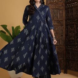 GULMOHAR JAIPUR Floral Printed V-Neck Pure Cotton Angrakha Anarkali Kurta With Palazzo-36