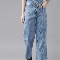 Roadster Women Blue Wide Leg High-Rise Acid Wash Stretchable Jeans with Belt-24