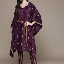 ZIYAA Women Burgundy Ethnic Motifs Printed Kurta with Trousers-picture-0