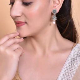 VOJ White Bead Studded Circular Oxidised Silver Plated Contemporary Jhumka for Women-image-66