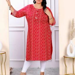 Miravan Red Bandhani Straight Plus Size Kurti-image-16