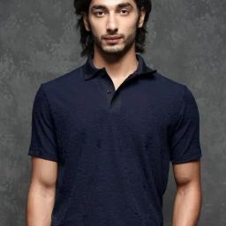 Rare Rabbit Navy Blue Regular Fit Woven Design Polo T-Shirt-image-21