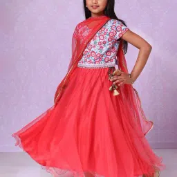 BIBA Girls Red Floral Print Choli, Lehenga and Dupatta-image-0
