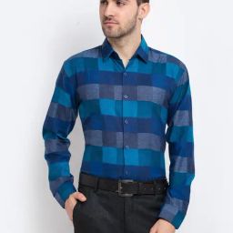 Jainish Blue Cotton Regular Fit Checks Shirt-image-46