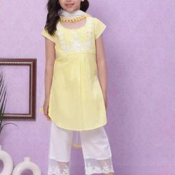 BIBA Girls Yellow & White Embroidered Kurta, Palazzos with Dupatta-image-69