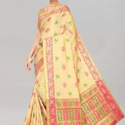 Satrani Yellow Printed Saree With Unstitched Blouse-image-19