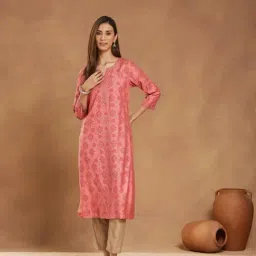 Fabindia Pink Viscose Silk Printed Long Kurta-picture-15
