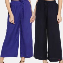 TWIN BIRDS Blue & Navy Mid Rise Palazzos - Pack Of 2-image-80