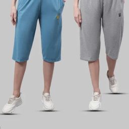 Vimal Jonney Grey Melange & Blue Mid Rise Capris - Pack of 2-image-57