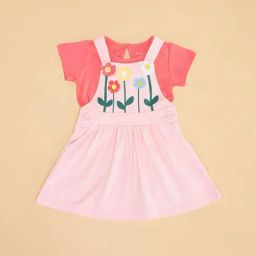 Pantaloons Baby Coral & Pink Self Design T-Shirt with Dungree-image-32