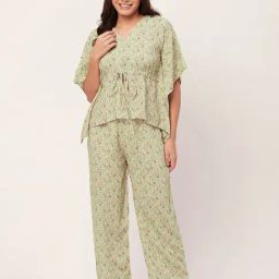 Moomaya Mint Floral Print Kaftan Top With Pyjamas-image-23