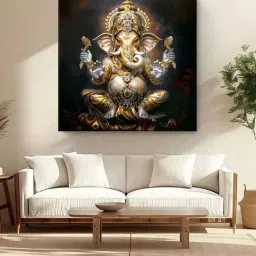 999Store Brown & Golden Canvas The Eternal Lotus Lord Ganesh's Painting-image-67