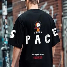 Bewakoof Men's Black Need Space Snoopy Graphic Printed Oversized T-Shirt-picture-22