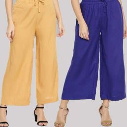 TWIN BIRDS Beige & Blue Mid Rise Palazzos - Pack Of 2-image-64