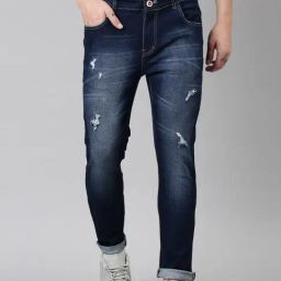 CINOCCI Indigo Cotton Slim Fit Distressed Jeans-image-49