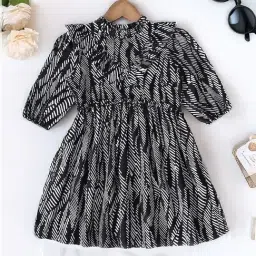 Bella Moda Girls Black Cotton Three Fourth Sleeves Abstract Printed Dress-image-49