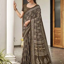 Satrani Khaki & Cream Pure Cotton Printed Saree With Unstitched Blouse-image-16