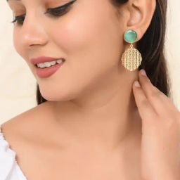 VOJ One Gram Gold Plated Teal Colored Stone Studded Earrings for Women-10