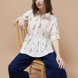 Colour Me By Melange Off White Cotton Regular Fit Printed Top-picture-10