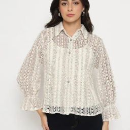 Madame Off White Regular Fit Self Pattern Shirt-picture-1