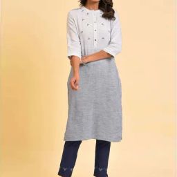 W Grey Cotton Embroidered Straight Kurta-image-31