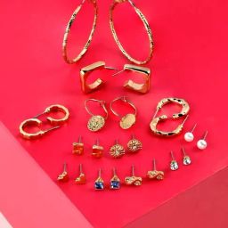 Zaveri Pearls Gold Tone Set of 12 Contemporary Studs & Hoop Earrings - ZPFK10649-28