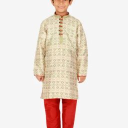 Pro-Ethic Style Developer Kids Light Green & Red Floral Print Full Sleeves Kurta with Pyjamas-image-55