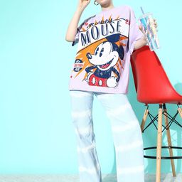 Kook N Keech Disney Women Lilac Lavender Mickey Mouse Pure Cotton Poster Graphics T-shirt-image-7