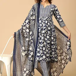 The Mom Store Women Floral Printed Empire Pure Cotton Kurta with Trousers & With Dupatta-image-41