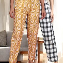 Kryptic Mustard & Navy Blue Cotton Relaxed Fit Printed Lounge Pants - Pack of 2-image-90