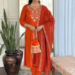 URMIR FASHION Floral Embroidered Notch Neck Straight Kurta With Trousers & Dupatta-picture-35