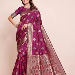 DIVASTRI Ethnic Motifs Zari Silk Blend Banarasi Saree-image-92