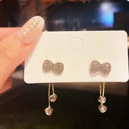 Vembley Gold-Plated Bowknot & Tassel Cubic Zirconia Drop Earrings-picture-29