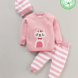 Babyhug 100% Organic Cotton Full Sleeves Sweater Set With Cap Kitty Design - Pink-picture-12