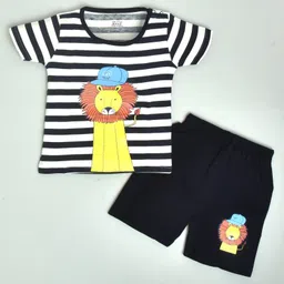 Kiwi 100% Cotton Half Sleeves Rugby Striped Lion Printed Tee With Coordinating Shorts - Black-picture-22