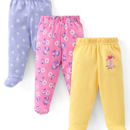 Babyhug Cotton Knit Full Length Bootie Leggings Floral Print Pack of 3 - Yellow Pink & Blue-image-75