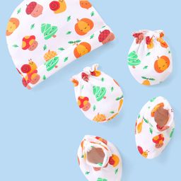 Babyhug 100% Cotton Cap Mittens & Booties Set Pumpkin Print White - Diameter 9.5 cm-image-60
