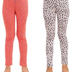 Kids Cave Pack Of 2 Cotton Jersey Flower & Heart Printed Leggings - Orange & White-picture-1