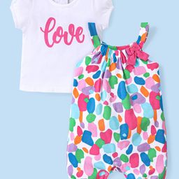 Babyhug Cotton Knit Text Printed Dungaree with Half Sleeves Inner Tee - Multicolour-image-76