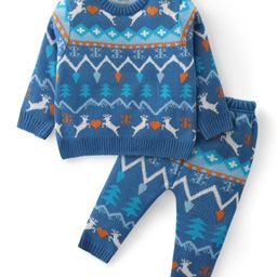 Babyhug Knit Full Sleeves Sweater Set with Aztec & Reindeer Design - Blue-image-11