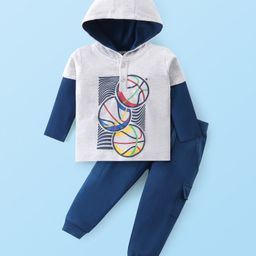 Babyhug Cotton Knit Doctor Sleeves Hooded T-Shirt & Lounge Pants Set With Basketball Print - White & Blue-image-89