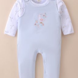 ToffyHouse 100% Cotton Knit Full Sleeves Floral Print & Pigeon Embroidery Dungaree Style Romper with T-Shirt - Light Blue-image-80
