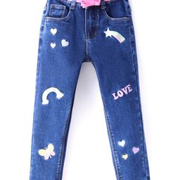 Babyhug Denim Washed Full Length Jeans with Stretch Heart print & Text Embroidered - Blue-image-68