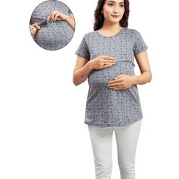 Mama & Bebe Half Sleeves Floral Printed Tee With Concealed Zipper Nursing Access - Grey-image-62
