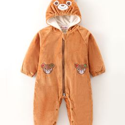Kookie Kids Winter Wear Full Sleeves Hooded Romper with Bear Applique - Bronze-image-26
