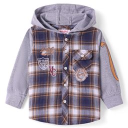 Babyhug Cotton Woven Full Sleeves Checkered Hooded Shirt With Sport Theme Embroidery - Grey & Navy Blue-image-97