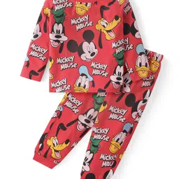 Babyhug Disney Single Jersey Knit Full Sleeves Night Suit with Mickey Mouse Graphics - Red-picture-16