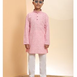 P-MARK Cotton Full Sleeves Floral Embroidered Kurta Pyjama Set - Pink-image-73