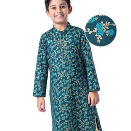 Earthy Touch Single Jersey Knit Full Sleeves Kurta Floral Foil Print - Teal Green-image-84