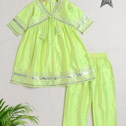 The Magic Wand Half Sleeves Lace Embellished Floral Motif Foil Printed Coordinating Kurta & Salwar Set - Green-image-73